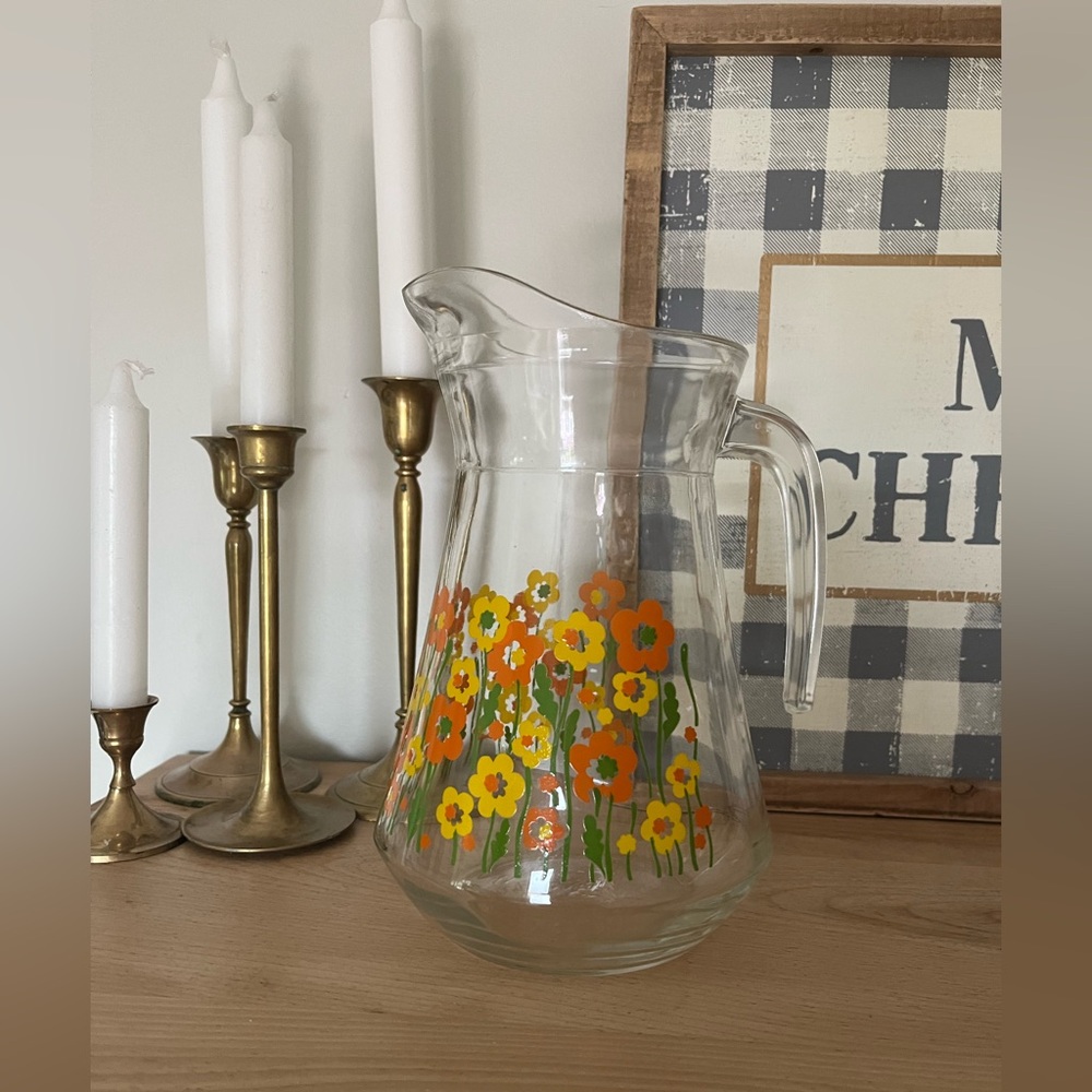 Vintage Floral Glass Pitcher with Orange and Yellow Flowers